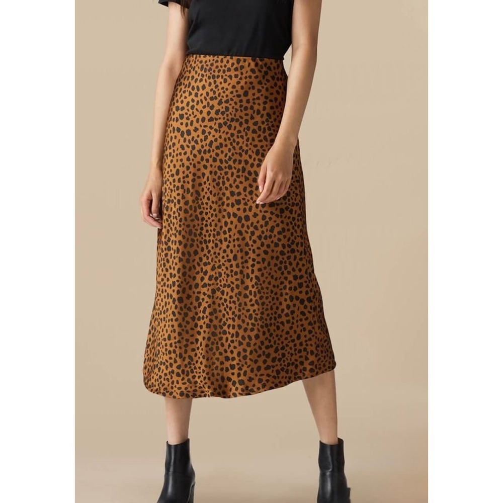 Vetta Capsule Skirt Women XS Brown Black Animal Print Reversible Midi Slip Satin